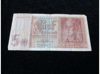 5 Reichsmark German Paper Bill, WWII