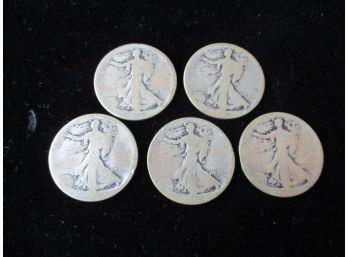 5 U.S Walking Liberty Silver Half Dollars, Unreadable Dates