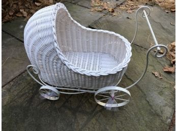 Adorable White Wicker Doll Baby Carriage Metal Wheels