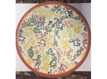 Very Large Modern 20 Th Century  Pottery Bowl Signed Wanita 81 With Carverd Animsl Design