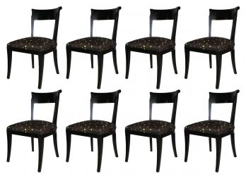 A Set Of 8 Custom Black Painted Wood Deco Inspired Dining Chairs
