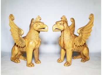 A Pair Of HUGE Vintage Carved Hardwood Griffins