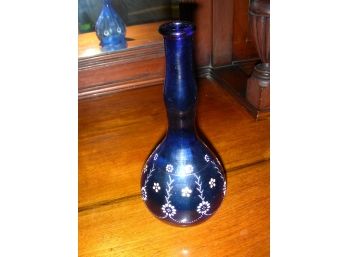 Blue Blown Glass Bottle With Enameled Flowers