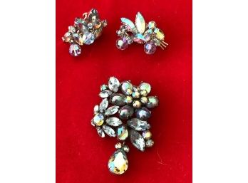 Vintage Vendome Rhinestone Brooch And Matching Clip-on Earrings