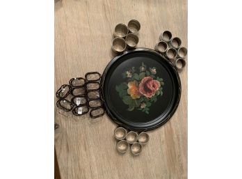Vintage Serving Tray And Assorted Napkin Rings