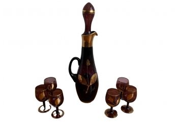 Vintage Morano Glass Decanter And Six Wine Glasses
