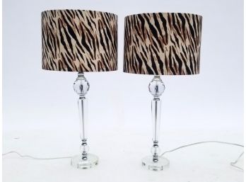 A Pair Of Fabulous Modern Glass Lamps With Animal Print Shades