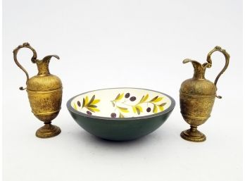 A Pair Of Antique Brass Pitchers And A Tole Painted Wood Bowl