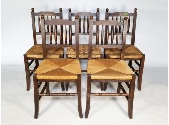 A Set Of 5 Vintage Hardwood Spindle Back Chairs With Original Rush Seats