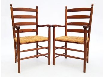 A Pair Of Vintage Shaker Style Pine Rush Seated Armchairs