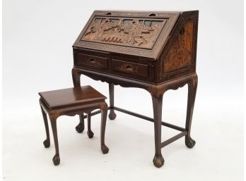 An Antique Carved Wood Asian Secretary Desk And Stool