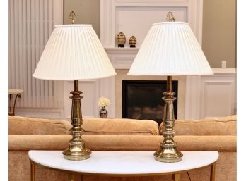 Pair Of Brass Metal Lamps With Pleated Shades