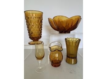 5 Piece Vintage Amber Glass Lot GREAT PIECES