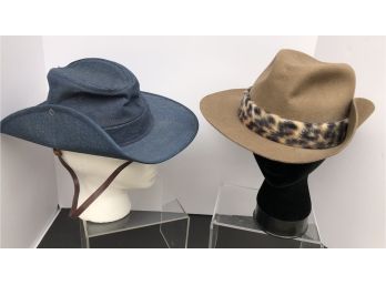 Two Vintage Aussie Hats Denim Faux Leather Chin Strap & Planar Size 7 14 Aussie Bush