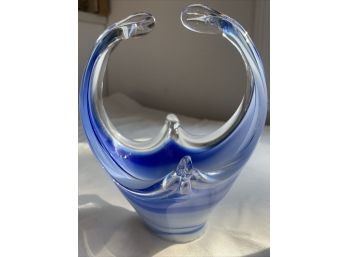 Beautiful Hand Blown Studio Art Glass Stretch Basket Blue White 6' Tall