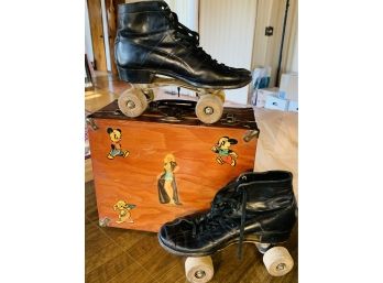 Men's '50'S WARE Brothers Chicago Black Leather Roller Skates Wooden Wheels Size 10  Original Box Wdecals