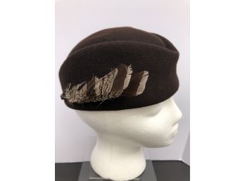 Vintage Astre  100 Percent  Wool Made In USA Brown Hat With Feathers