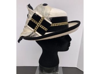 100 Percent  Wool Dress Hat With Feathers - Black And Gold Ribbon & Trim Made In USA APL 4384