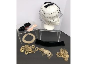 Assorted Vintage Women's Accessories: Netted Head Piece, Hair Bows, 3 Chain Belts, Sweater Collar, Clasp Belt