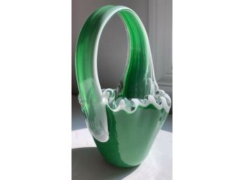 8-14' FABULOUS MODERNISTIC VTG ART GLASS BASKET OFFSET HANDLE GREEN, WHITE, CLEAR
