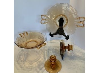 Vintage 4 Piece Amber Matching Glassware Set- 2 Candleholders, 1 Low 2 Handled Bowl, 1 Flat Plate 2 Handles