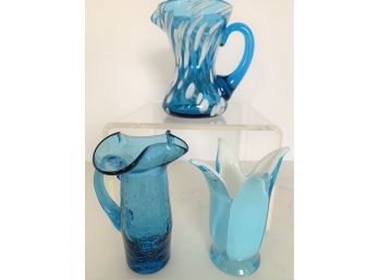 Lot Of 3 Vtg Blue Art Glass Pieces- Crackle Glass Pitcher, Spatter Glass Pitcher, Cased Glass Tulip Piece