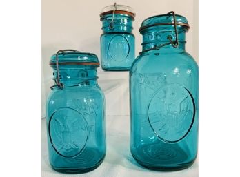 Set Of 3 Blue Ball Ideal Glass Mason Jars Bicentennial Eagle (1 Missing Top-replaced With Clear Lid See Pic