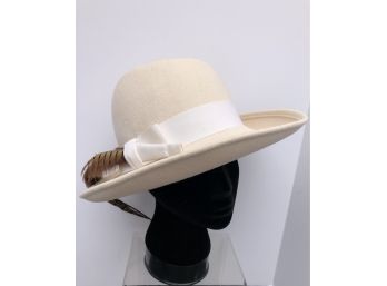 Doree Of New York Cream Color 100 % Felted Wool Hat With White Ribbon & Feather Embellishment