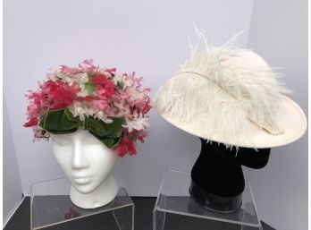 Two Vintage Hats: Cream Color  Ostrich Feather & Floral Cap Velvet Bow And Inside Netting ( See Description)