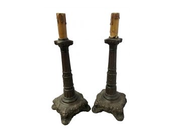 Antique Pair Of Cast Iron ( Needs Re Wiring) Ornate Lamp Bases 19' H