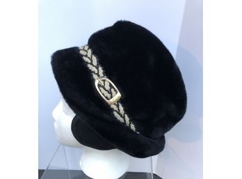 1970's Men's Faux Fur Black Hat With Buckled Band~ Folding Ear Flaps ~ Brown Satin Lining Size Large