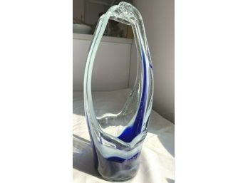 Beautiful Hand Blown Studio Art Glass Stretch Basket Cobalt Blue White 11 Tall