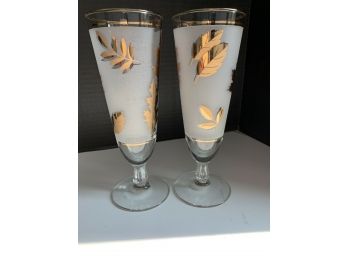 Vintage Pair Of Gold Leaf Frosted Pilsner Glasses