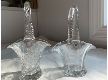 Lot Of 2 Vtg Pressed Glass Flower Etched Clear Handled Baskets-6-34' 7-14'
