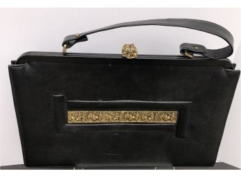 1950's Viki Originals Black Purse With Red Lining & Raised Gold Tone Panel ( See Description)