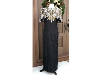 1980's Silk Lined  Heavy Black Beaded Gown - Silver, Gold, White Accents Lawrence Kazar New York Size L