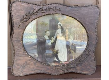 Antique -Vintage Framed Pilgrim Couple At Home Print - Color Enhanced Original Ornate Frame 19' X 22'