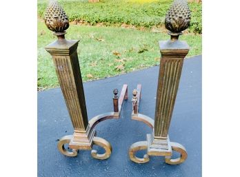 Fabulous Vintage Heavy Brass Andirons Pine Cone Finials