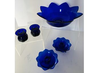 FENTON Cobalt Glass - BLUE LOTUS Large Serving Bowl, Pr. Of  9 Point Star Pattern & Short Heavy Candle Holders
