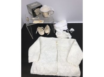 Vintage Baby Lot - Silver Plate Sippy Cup & Rattle, 2 Pairs Home Made Booties & Sweater, Satin Shoes
