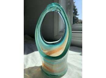 Vtg Hand Blown Studio Art Glass Stretch Basket Blue, Orange, White, Clear 8'