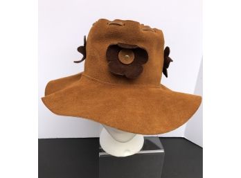 Awesome Late 1960's Boho Suede Floppy Hippie Hat - Flowers & Rawhide Accents