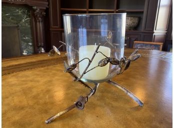 Metal Leaf Candleholder With Glass Hurricane Insert