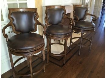 THREE Upholstered Leather Swivel Bar Stools  Paid $4700 Patricia Bonis Interiors