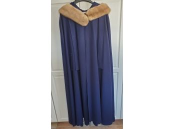 Ladies Vintage Fur Collar Navy Blue Wool Cape Coat By Aunt Abigail Attic