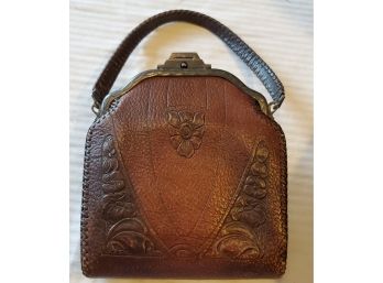 Antique Hand Made Leather Handled Ladies Purse - Finely Decorated And Hand-stitched. Suede Interior