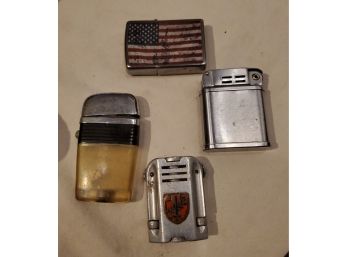 Lot Of 4 Vintage Used Cigarette Lighters -ZIPPO J-15 U.s. Flag Vu Lite With Dice Inside Shield Beattie Jet