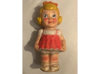 Adorable 1950s Squeky Rubber Blonde Little Girl Doll With Red Ribbon