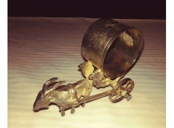 Vintage & Rare Goat Wagon Napkin Ring - Horned Goat Harnessed To Pull A 2-wheel 'napkin Ring' Cart