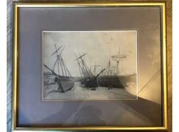 Original Print Of Tall Ships And Workers On A Beach. Circa 1885. Original Photographer Was G W Woods.